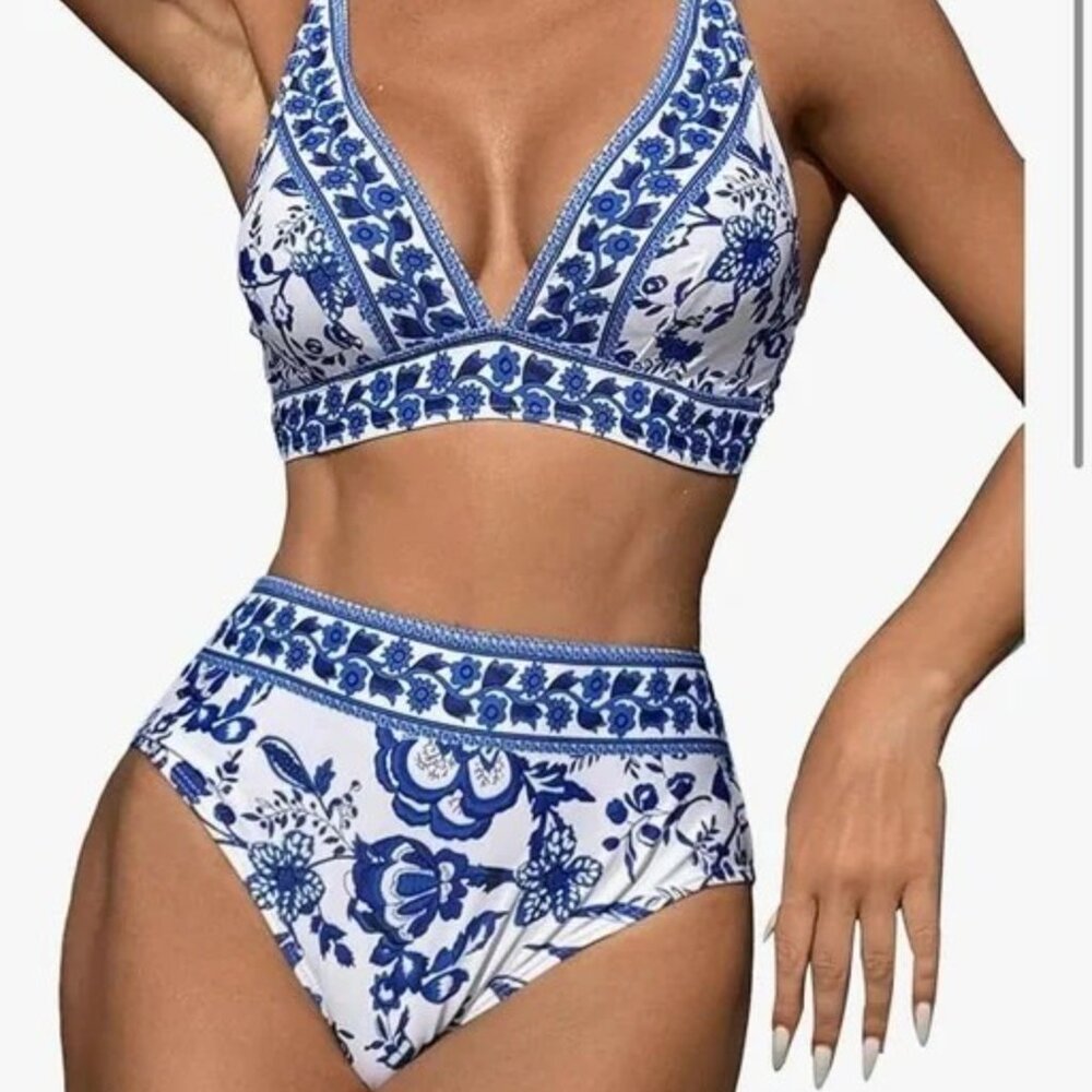 Boho Floral Print 2 piece V Neck top and High Waist Bottoms swim suit size L